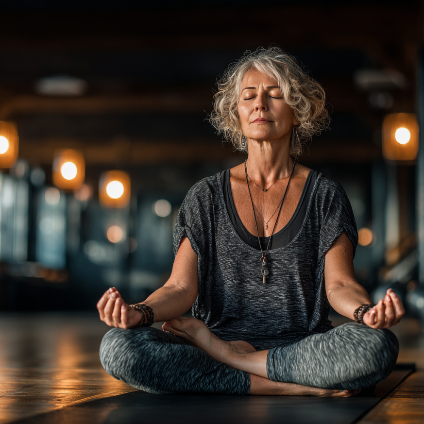 Група літніх людей займається йогою